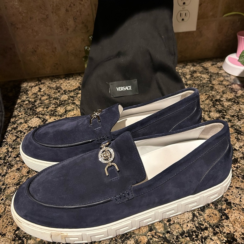 Versace Men's Dark Blue Suede Slip-Ons